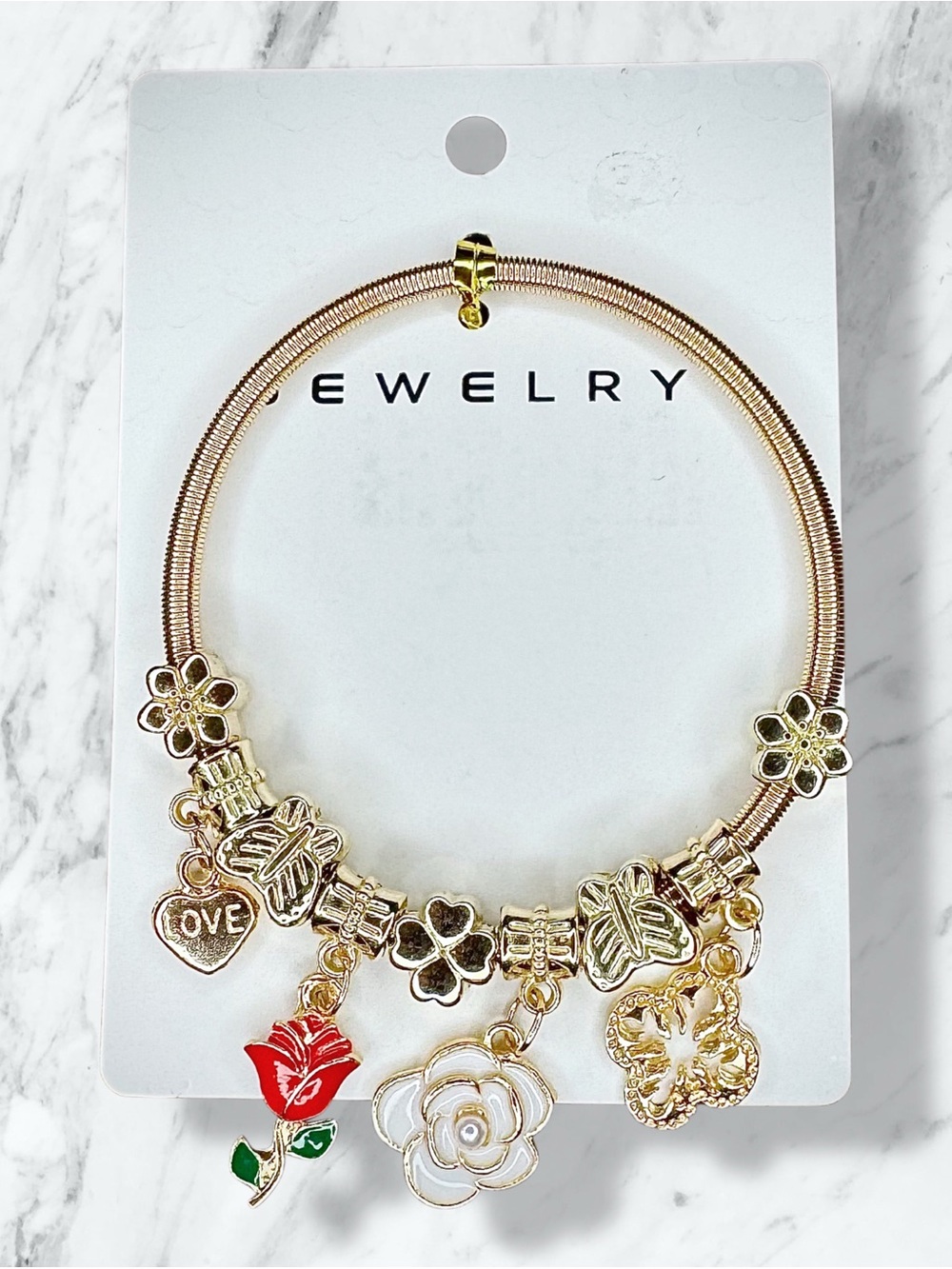 Gold Tone Floral Charm Bracelet with Red Rose and White Flower Charms
